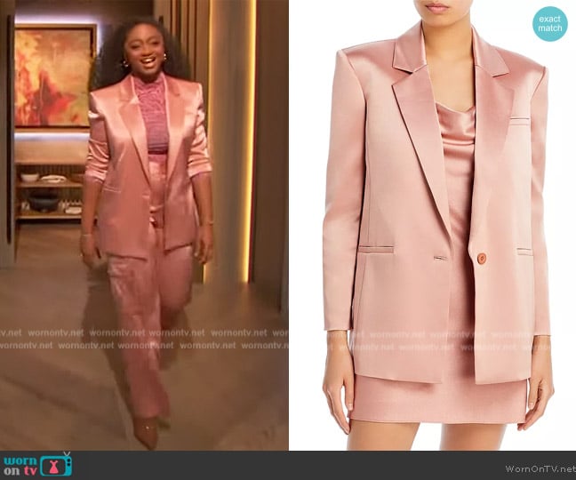 Alice and Olivia Shan Satin Strong Shoulder Blazer worn by Samara Joy on The Drew Barrymore Show