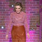 Alyssa Milano’s printed mesh top and leather skirt on The Kelly Clarkson Show