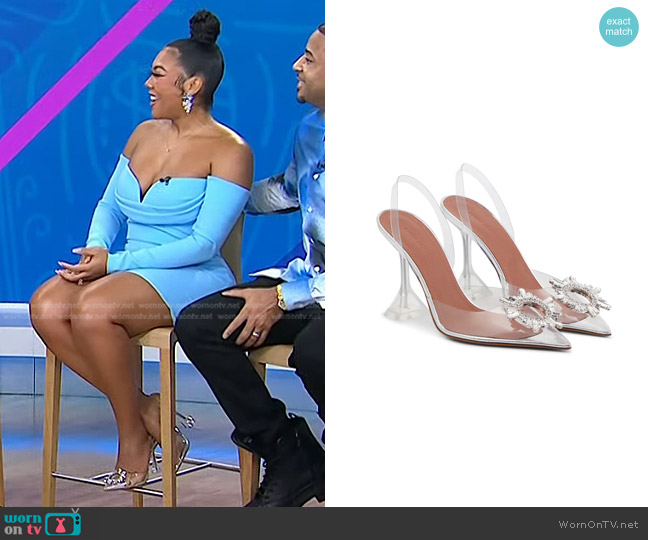 Amina Muaddi Begum embellished PVC slingback pumps worn by Khadeen Ellis on Today