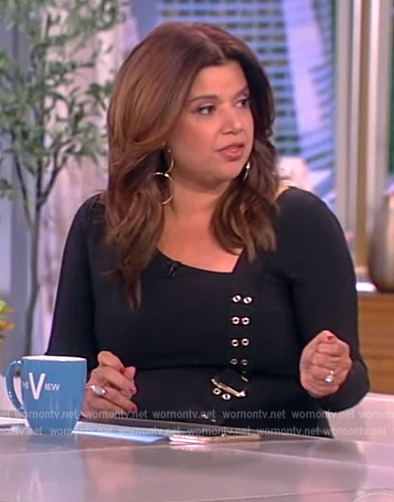 Ana’s black asymmetric grommet embellished dress on The View