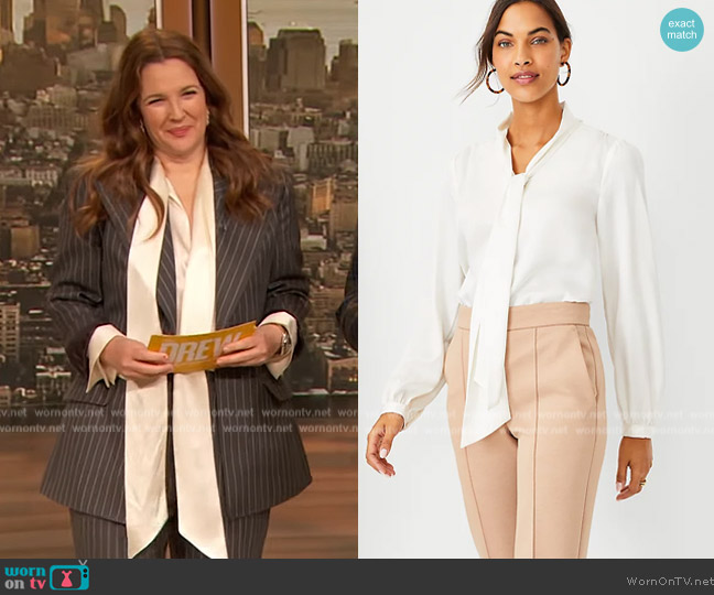 Gabriela Hearst Leiva single-breasted pinstriped wool suit jacket worn by Drew Barrymore on The Drew Barrymore Show