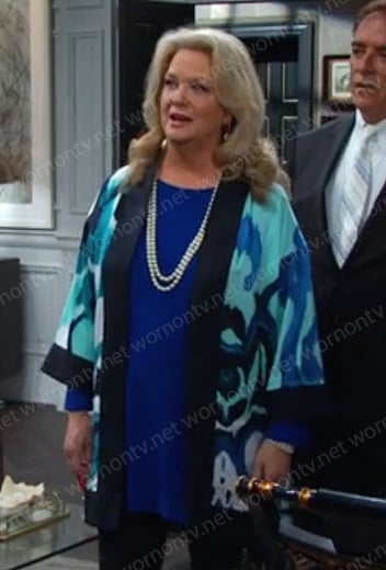 Anna’s blue printed kimono jacket on Days of our Lives