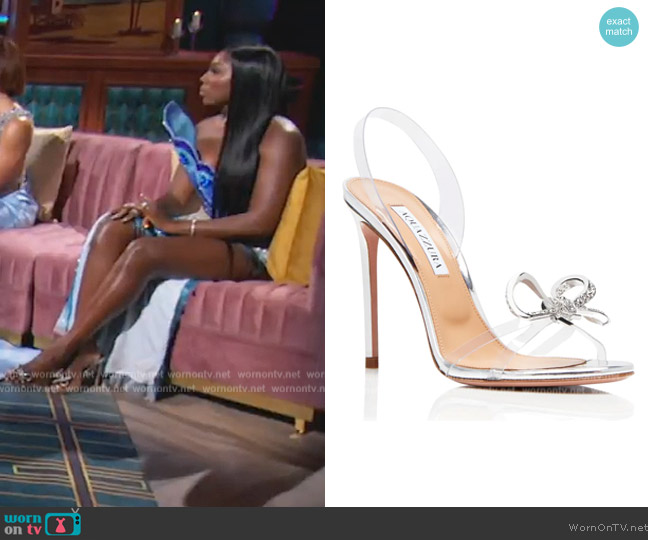 Aquazzura Babe Crystal Bow Transparent Slingback Sandal worn by Wendy Osefo on The Real Housewives of Potomac