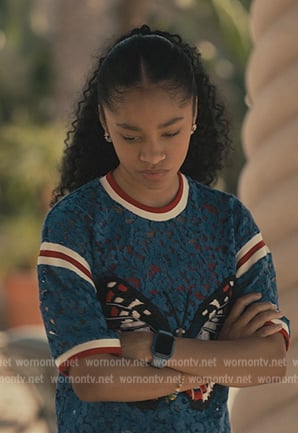 Amber’s blue butterfly embroidered top on Bel-Air