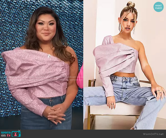 Asos Luxe Structured One Shoulder Top in pink glitter worn by Jenn Chan on Access Hollywood