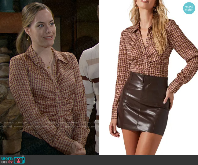 ASTR The Label Ruched Button-Up Shirt in Wine Abstract worn by Hope Logan (Annika Noelle) on The Bold and the Beautiful
