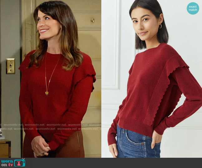 Autumn Cashmere Scallop Flange Shoulder Crew in Pepperberry worn by Chelsea Lawson (Melissa Claire Egan) on The Young and the Restless