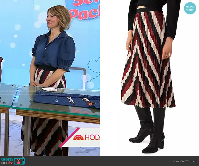 WornOnTV: Samantha Brown’s puff sleeve denim top and chevron skirt on ...