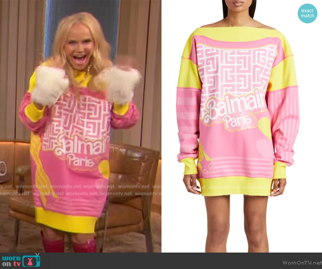 Balmain x Barbie Monogram-Print Colorblock Mini Sweatshirt Dress worn by Kristin Chenoweth on The Drew Barrymore Show