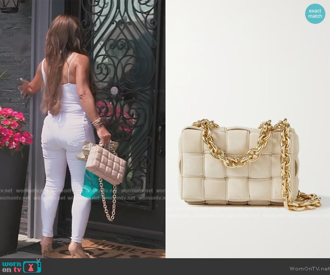 Bottega Veneta Cassette chain-embellished padded intrecciato suede shoulder bag worn by Teresa Giudice on The Real Housewives of New Jersey