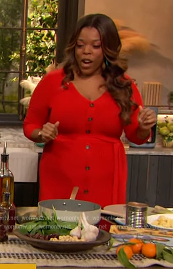Brittany Williams's red button down ribbed dress on The Drew Barrymore Show