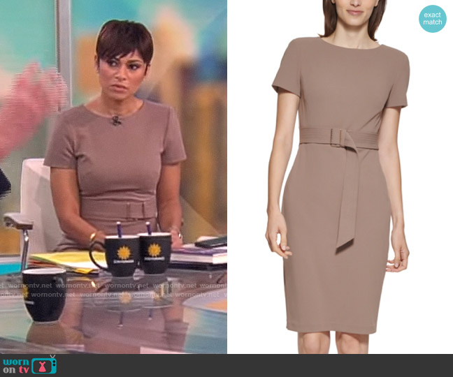 Calvin Klein Short-Sleeve Belted Sheath Dress in Cocoa worn by Jericka Duncan on CBS Mornings