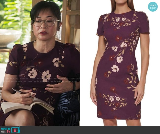 Calvin Klein Floral-print Sheath Dress In Aubergine worn by Nancy (Keiko Agena) on Fantasy Island