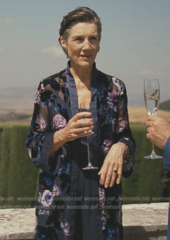 Caroline's blue floral sheer robe on Succession