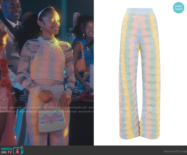 Casablanca High Waist Wide Leg Crochet Trousers worn by Ashley Banks (Akira Akbar) on Bel-Air