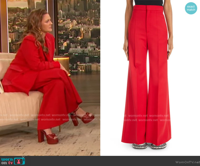 Chloe Wide Leg Stretch Wool Pants worn by Drew Barrymore on The Drew Barrymore Show