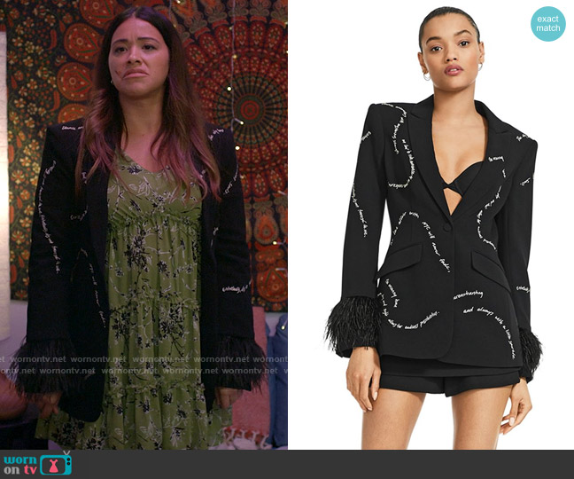 Cinq a Sept Feather Trim Embroidered Love Letter Blazer worn by Nell Serrano (Gina Rodriguez) on Not Dead Yet