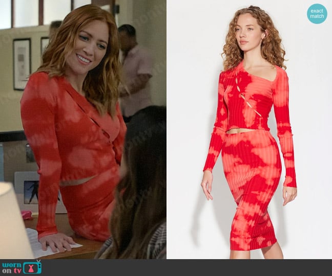 Cotton Citizen Capri Top and Skirt in Red Blast worn by Piper (Brittany Snow) on Not Dead Yet