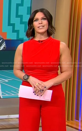 Dana Jacobson’s red sleeveless jumpsuit on CBS Mornings