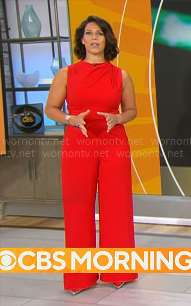 Dana Jacobson's red sleeveless jumpsuit on CBS Mornings