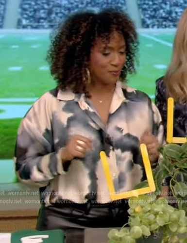 Dayna Isom Johnson’s tie dye blouse on Live with Kelly and Ryan