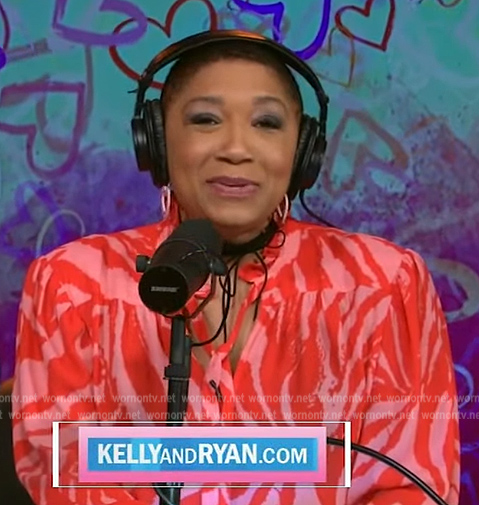 Deja Vu’s pink tiger stripe tie neck blouse on Live with Kelly and Ryan