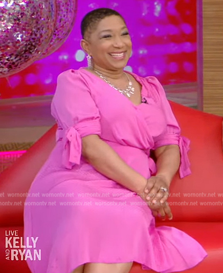 Deja Vu’s pink tie cuff wrap dress on Live with Kelly and Ryan