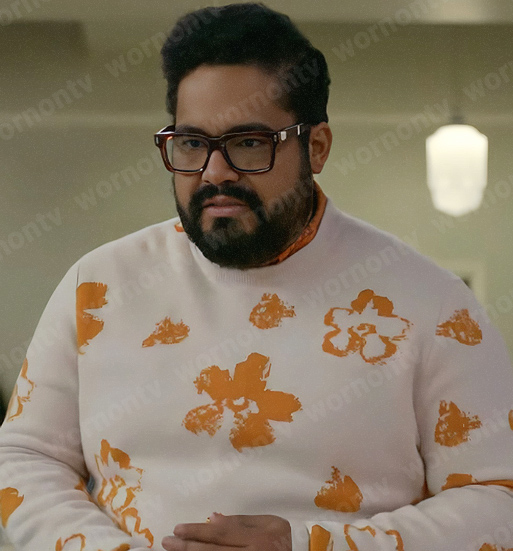 Dennis’s orange flower print sweater on Not Dead Yet