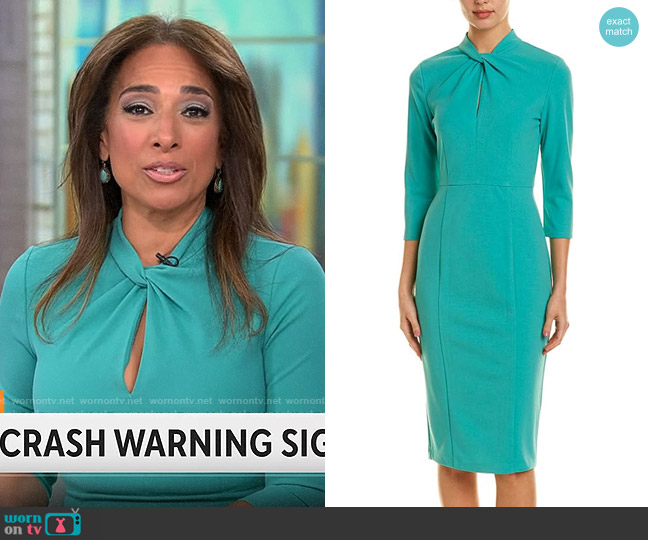 Donna Morgan Stretch Crepe 3/4 Sleeve Twisted Neckline Sheath Dress in Sea Green worn by Michelle Miller on CBS Mornings