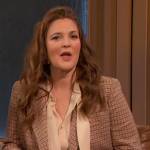 Drew’s beige check print blazer and pants on The Drew Barrymore Show