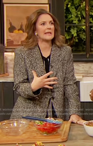 Drew’s gray tweed blazer  on The Drew Barrymore Show