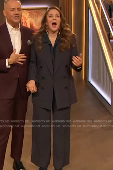 Drew’s black pinstripe double breasted blazer on The Drew Barrymore Show