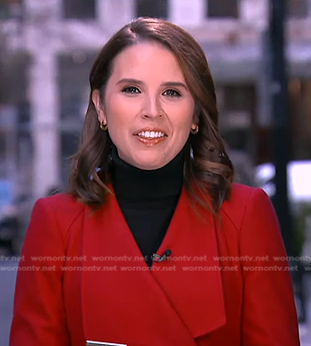 Elizabeth Schulze’s red wrap coat on Good Morning America