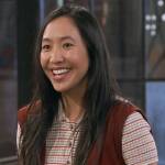 Ellen’s strie knit top and red overalls on How I Met Your Father