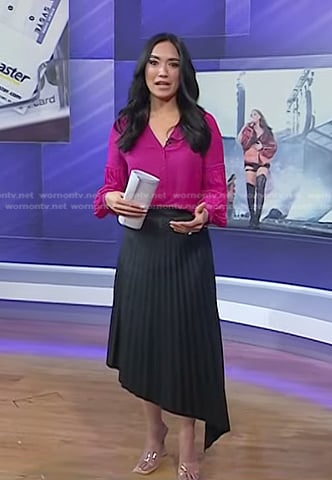Emilie Ikeda's pink blouse and black pleated skirt on Today