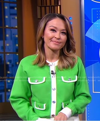 Eva’s green contrast trim cardigan on Good Morning America