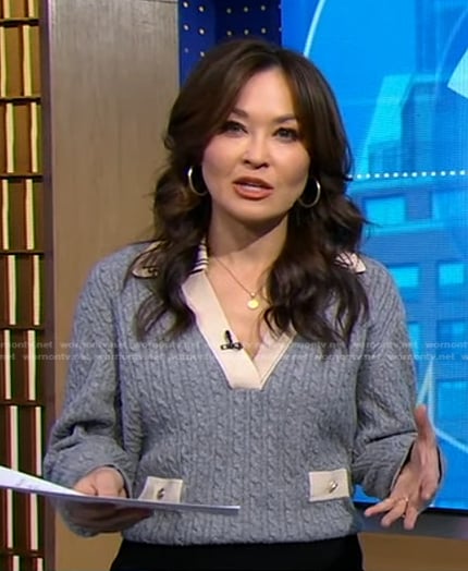 Eva’s grey cable knit sweater on Good Morning America