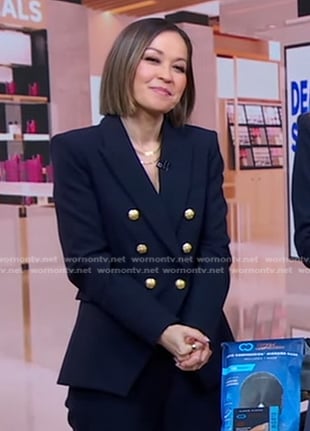 Eva's navy blazer with gold buttons on Good Morning America