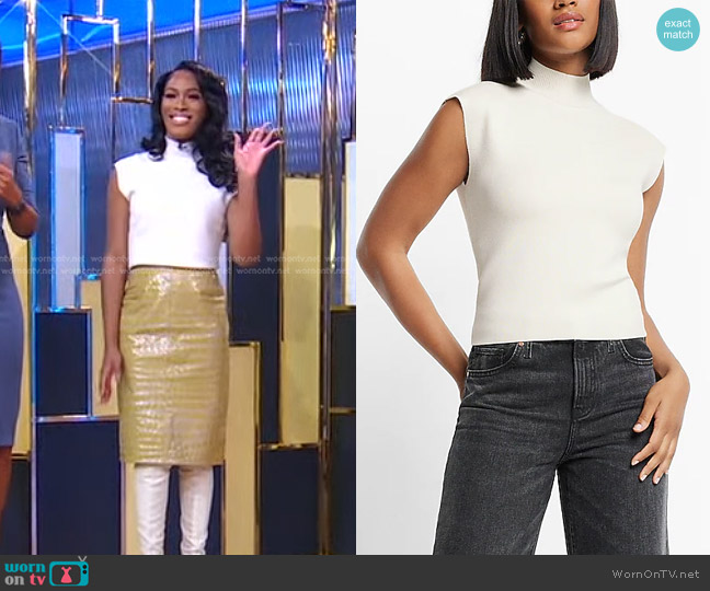 Express Body Contour Mock Neck Cap Sleeve Back Cutout Sweater worn by Shelby Ivey Christie on Good Morning America