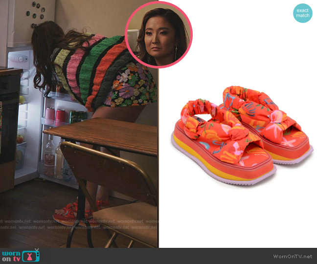 Mindy’s orange print sandals on Emily in Paris