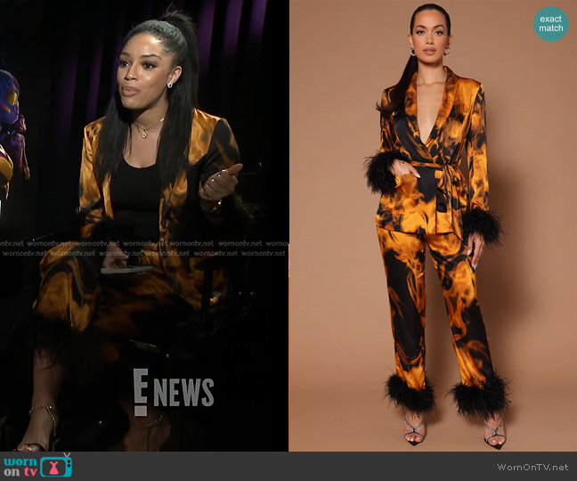 Fashion Nova Anna Feather Trim Blazer and Pant worn by Francesca Amiker on E! News