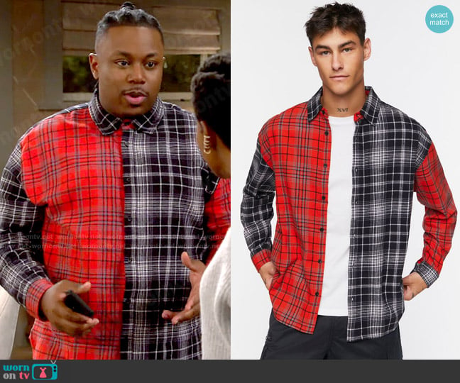 Forever 21 Plaid Button-Front Shirt in Red/Black worn by Marty (Marcel Spears) on The Neighborhood