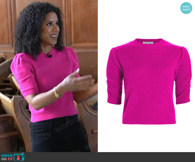 Frame Ruched Sleeve Cashmere-Wool Sweater in Magenta worn by Adriana Diaz on CBS Mornings
