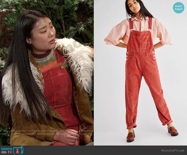 We The Free at Free People Ziggy Cord Overalls worn by Wendy Shin (Victoria Grace) on Days of our Lives