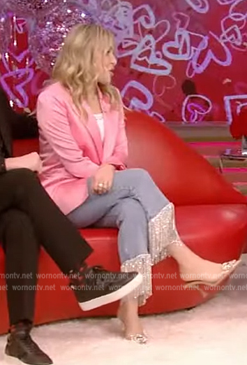 Jenny Mollen’s pink satin blazer and metallic fringe jeans on Live with Kelly