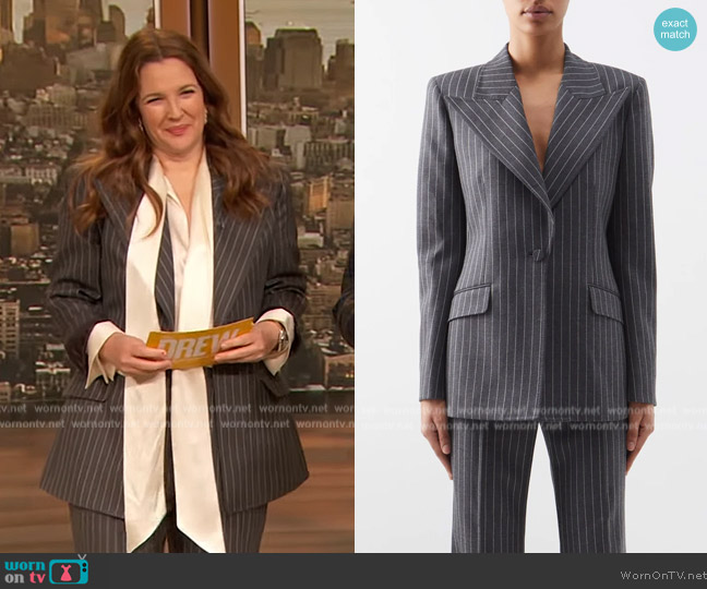 Gabriela Hearst Jones pinstriped-wool wide-leg suit trousers worn by Drew Barrymore on The Drew Barrymore Show