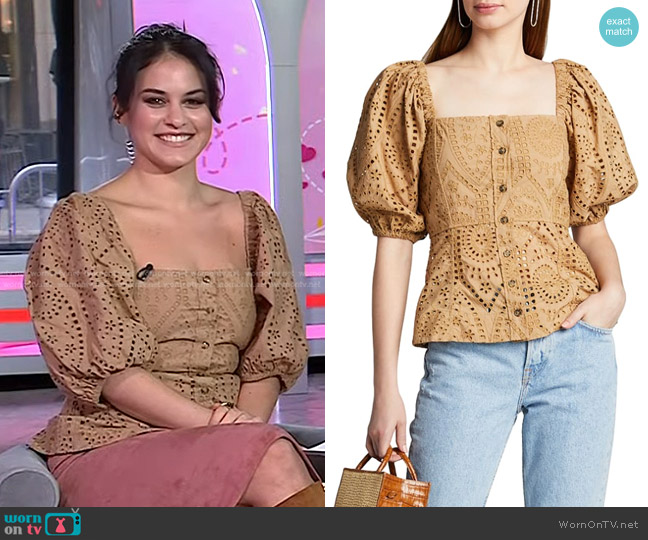 Ganni Broderie Anglaise Puff-Sleeve Button-Down Top worn by Donna Farizan on Today