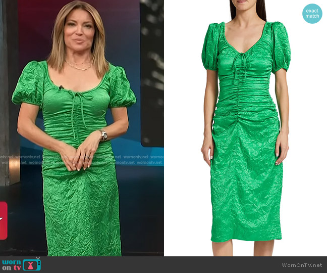 Ganni Ruched Crinkle Satin Midi Dress worn by Kit Hoover on Access Hollywood