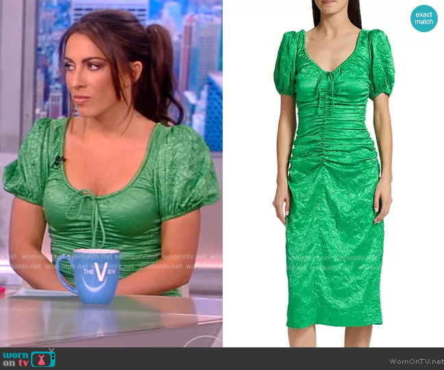 Ganni Ruched Crinkle Satin Midi Dress worn by Alyssa Farah Griffin on The View