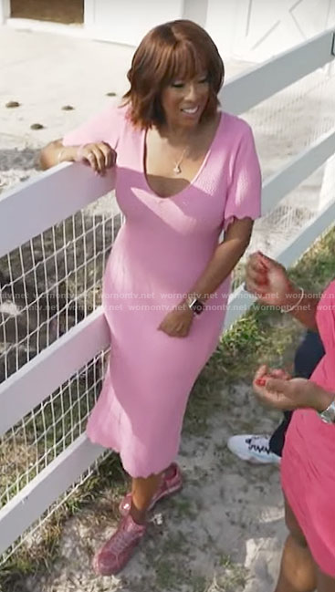 Gayle King's pink scalloped trim dress and glitter sneakers on CBS Mornings